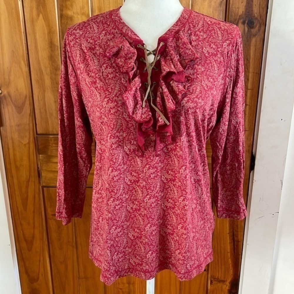 Lauren Ralph Lauren Red Paisley Cotton Knit 3/4 sleeves top Ruffle Neck Large